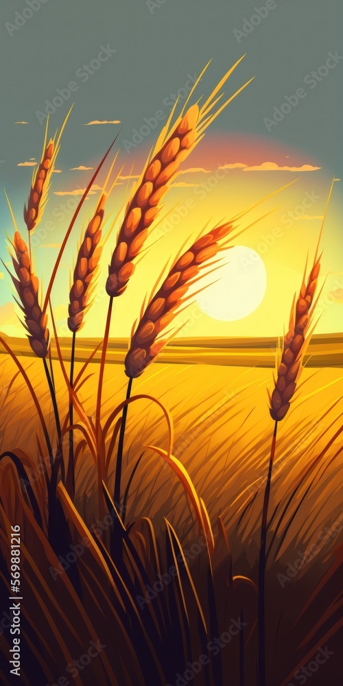 Poster Close up of rye ears, field of ripening rye in a summer day. Sunrise or sunset time. Generative AI