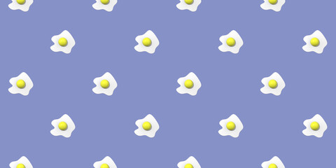 pattern. Image of chicken egg on pastel blue background. Egg with round yolk. Surface overlay pattern. 3D image. 3D rendering. Horizontal image. Banner for insertion into site.