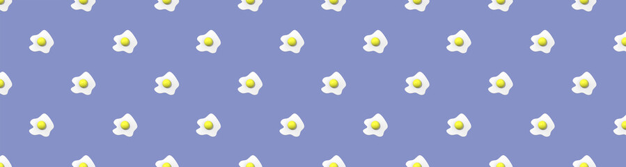 pattern. Image of chicken egg on pastel blue background. Egg with round yolk. Surface overlay pattern. 3D image. 3D rendering. Horizontal image. Banner for insertion into site.