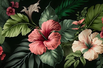 watercolor pink hibiscus and tropical leaves seamless pattern for fabric