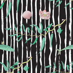 Sea weeds and fishes, and lotus seamless black and white textile design