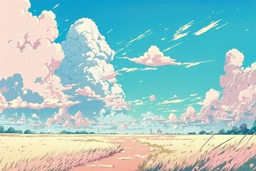 Anime drawing landscape with color pastel background. Generative AI