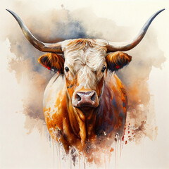 longhorn cow face watercolor. Generative Ai