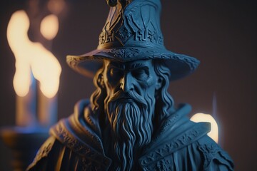 Greek Style Stone Sculpture of an Ancient Wizard with Flame