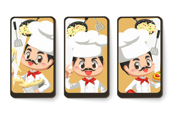 Card emotion of chef man with kitchenware in cartoon character