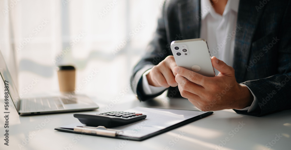 Poster man using on smartphone and tablet at home as concept.