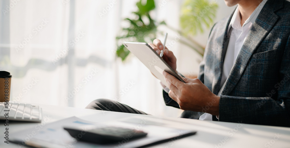 Poster man using on smartphone and tablet at home as concept.