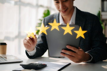 Customer or client the stars to complete five stars. with copy space. giving a five star rating....