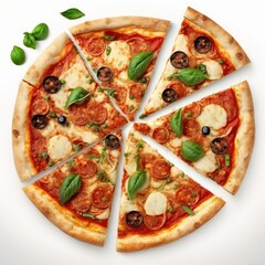 Chili Pizza mit scharfer Salami von oben vor einem weißen Hintergrund  (Food-Design / Generative AI)