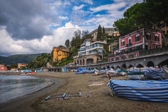 LEVANTO, September 2022 : The beach of Levanto. Levanto lies on the coast at the end of a wooded with olive and pine trees valley and a part of the Cinque Terre National Park.