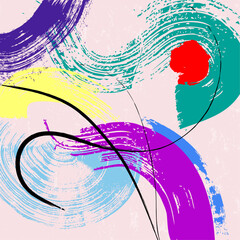 abstract colorful background composition, illustration, with lines, waves, circle, paint strokes and splashes - 569884433