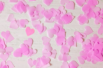 Wooden rough light background with hearts. Postcard, blank, top view, valentine's day, romantic