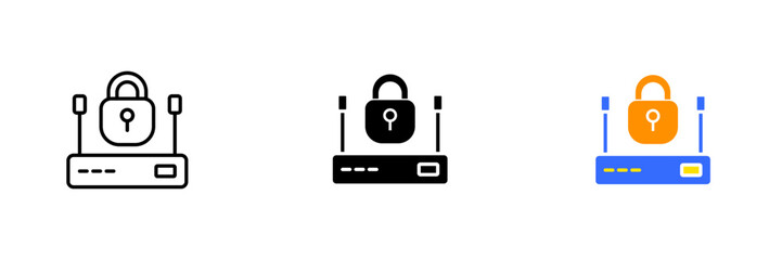 Lock and router. Secure internet network, wifi, lan, privacy, data security, communication, signal, antennas. Vector set icon in line, black and colorful styles isolated on white background