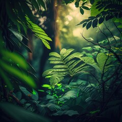 Adventure nature background of green forest.Generative AI
