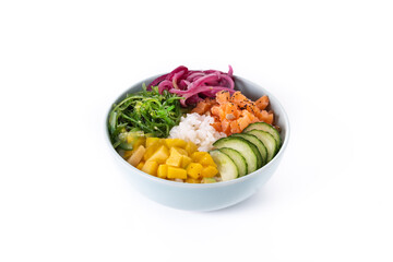 Poke bowl with rice, salmon,cucumber,mango,onion,wakame salad, poppy seeds ands sunflowers seeds...