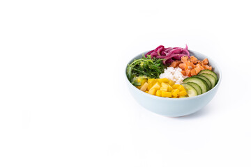 Poke bowl with rice, salmon,cucumber,mango,onion,wakame salad, poppy seeds ands sunflowers seeds isolated on white background. Copy space