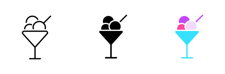 Glass with balls of ice cream. Dessert, cafe, sweet, restaurant, street food, cone, ice cream, eat, beautiful serving. Vector set icon in line, black and colorful styles isolated on white background