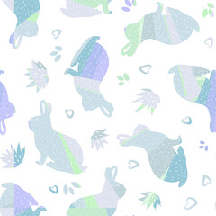 Lovely rabbits in soft blue, pink tones.  Illustration.