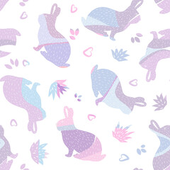 Lovely rabbits in soft blue, pink tones.  Illustration.