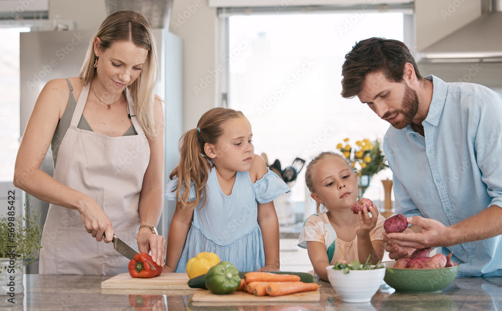 Sticker Mom, dad and children cooking with vegetables ingredients for lunch, dinner or meal prep. Family, food and parents with girls learn, development and help in kitchen for nutrition, diet and wellness