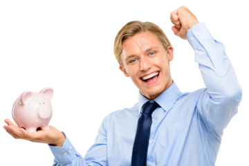 A young handsome insurance agent of a financial advisor holding a piggy bank and enjoying the saving by raising his clenched wrist isolated on a png background.