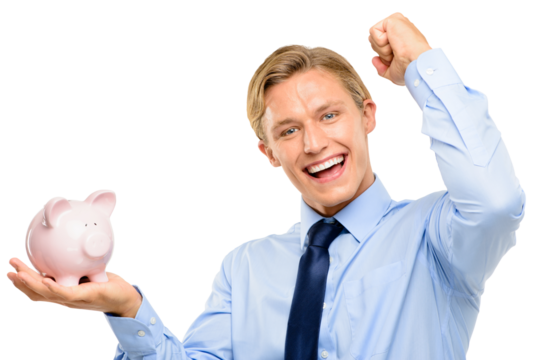 A young handsome insurance agent of a financial advisor holding a piggy bank and enjoying the saving by raising his clenched wrist isolated on a png background.
