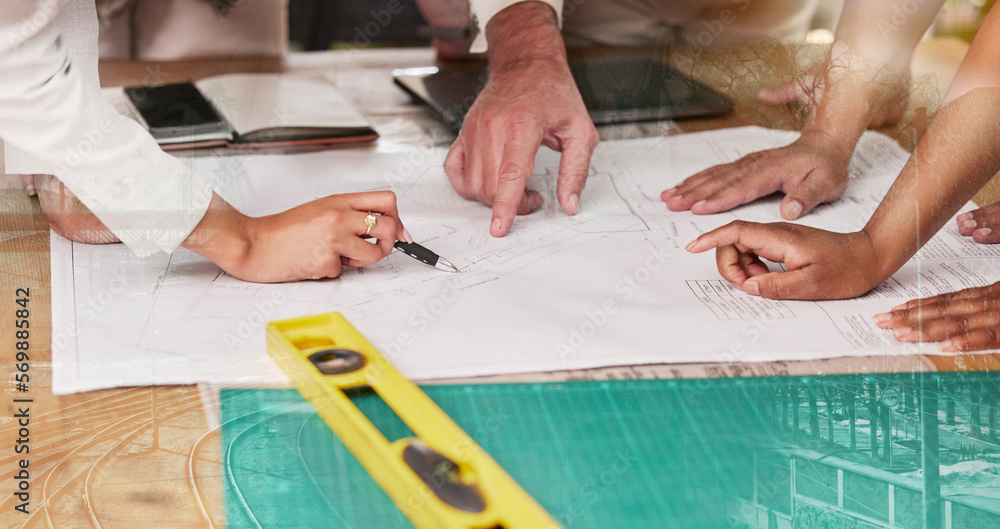 Aufkleber Hands, blueprint and architecture with a design team planning on a table using a floor plan. Building, strategy and collaboration with an engineer employee group at work on project development