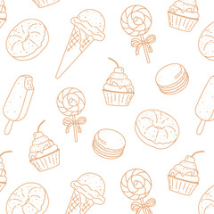 seamless pattern on a transparent background with beige lines for a pastry shop, candy store, cafe, dining room, background with popsicle, cupcake, lollipop, donut, macaroon, french perozhnoe