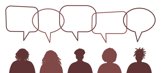 Brown silhouettes of black men and black women. Community of black people. Communication of men and women. People icons with speech bubbles. Vector illustration.
