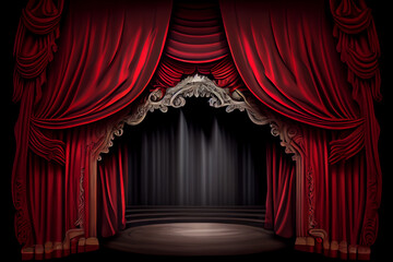 Theater stage with red curtains and spotlights. Theatrical scene in the light of searchlights, the interior of the old theater.