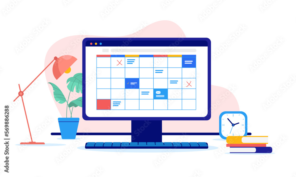 Poster computer calendar - desktop pc screen with dates and tasks marked. time planning and schedule concep