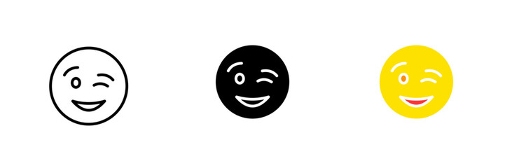 Winking emoticon. Wink, smile, express emotions, feelings, communication online, social network. Vector set icon in line, black and colorful styles isolated on white background