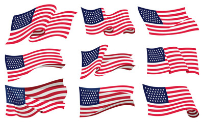 Waving flags. Set of american flags on white background. National flags waving symbols. Banner design elements