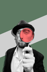 Digital collage with young bearded man looking through magnifying glass	