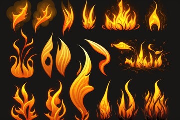 Fire collection set of flame burning isolated on dark background for graphic design purpose. Generative AI