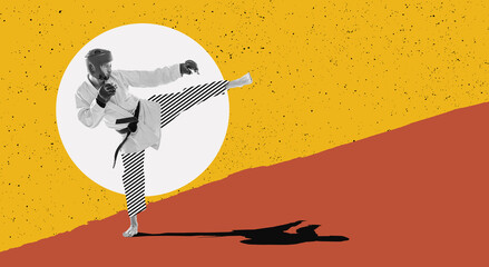 Modern creative design. Contemporary art. Sportive strong man, karate, mma, box athlete in uniform...