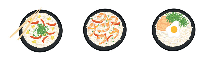 Set of Asian cuisine dishes from rice isolated on a white background. Vector illustration in flat style