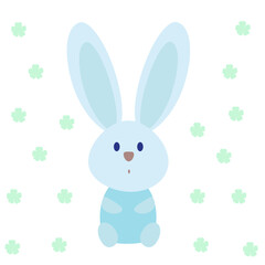 Blue rabbit and green flowers on white background .Flat style illustration