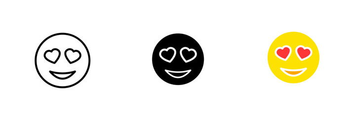 Fototapeta premium Emoticon with heart shaped eyes. Love, express feelings, adore, admire, like, online communication. Vector set icon in line, black and colorful styles isolated on white background