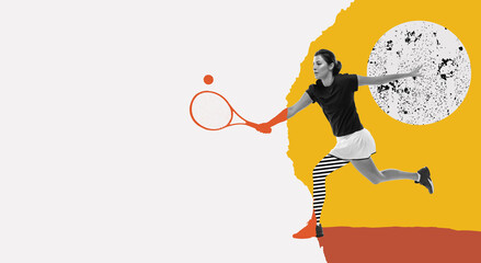 Modern creative design. Contemporary art. Young woman in uniform playing tennis, hitting ball with...