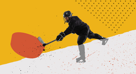 Modern creative design. Contemporary art. Man, professional hockey player in uniform, training,...