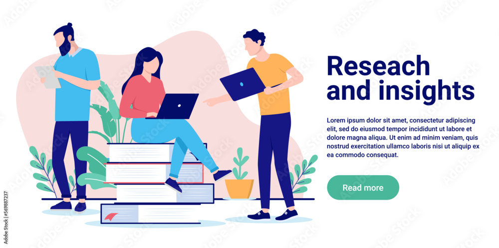 Poster Research and insights - Team of office people working on finding information and researching online and from books. Flat design vector illustration with copy space for text and white background