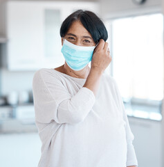 Fototapeta na wymiar Senior woman, Covid and healthcare, face mask removal and portrait at home, end of health rules and safety from virus. Retirement, wellness and compliance, protection and hygiene to stay healthy