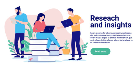 Research and insights - Team of office people working on finding information and researching online and from books. Flat design vector illustration with copy space for text and white background