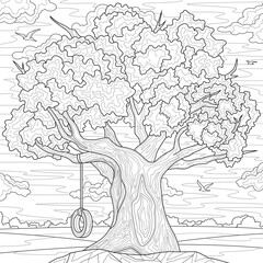 Oak tree.Coloring book antistress for children and adults. Illustration isolated on white background.Zen-tangle style. Hand draw