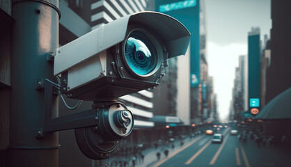 Hi-tech surveillance camera scans the movement on a vibrant city street. Generative AI illustration