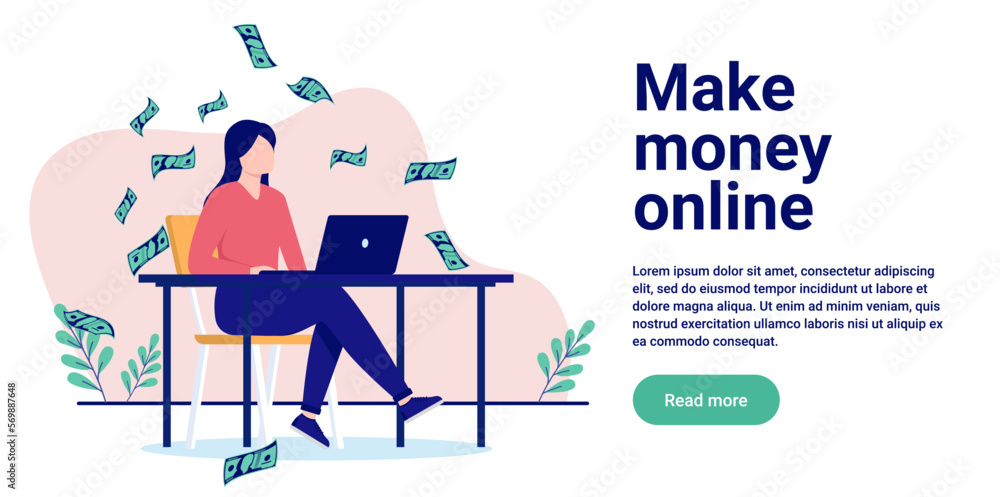 Poster make money online - woman earning and having success in making profits on internet business. flat de