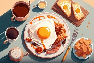 Full American Breakfast on white, top view, copy space. Sunny side fried eggs, roasted bacon, hash brown, pancakes, toasts, orange juice and coffee for breakfast. Generative AI