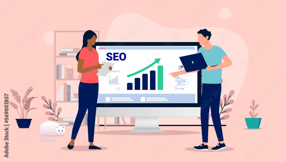 Fototapete SEO work - People working with search engine optimisation on computer, showing charts and graphs with growth and success. Flat design vector illustration