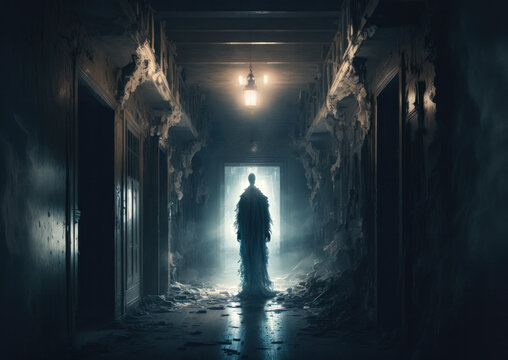 The ghostly dark outline of a former inhabitant stands in a corridor of abandoned house. Generative AI illustration